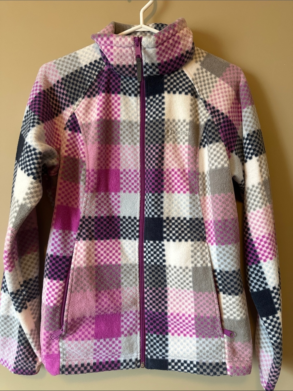 Columbia ladies Pink, Gray & Black Plaid Fleece Jacket - Full Zip